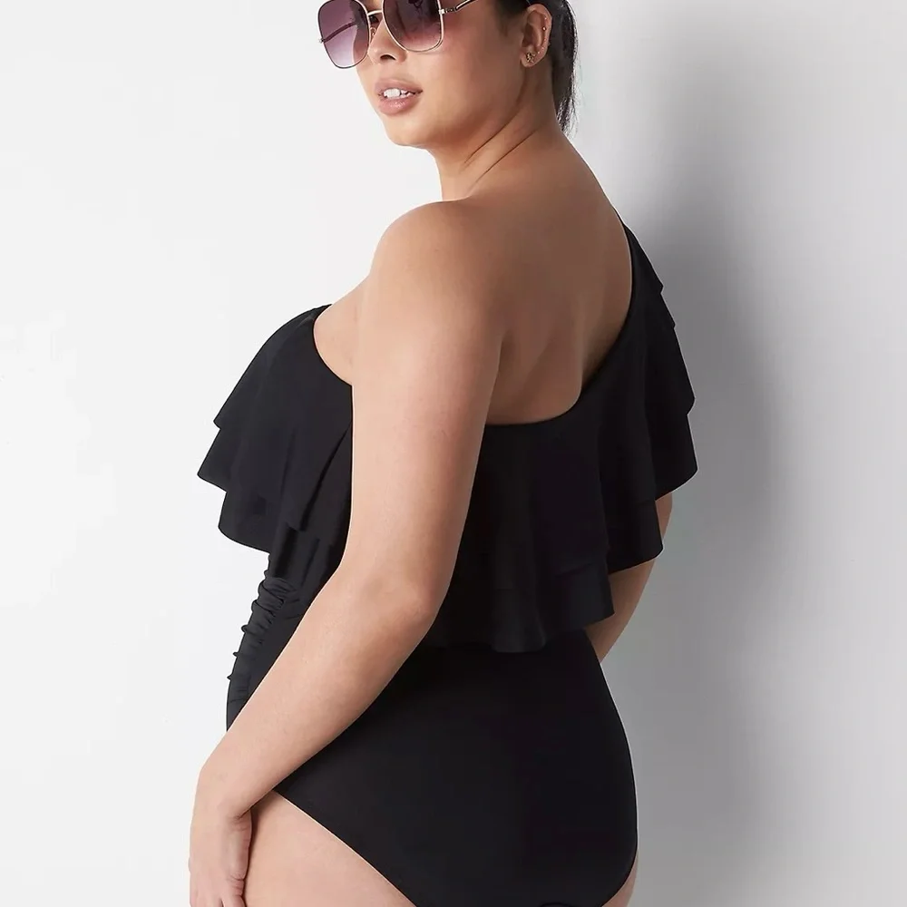 Lane Bryant Cacique Black One Shoulder Ruffle No Wire Repreve One Piece Swimsuit